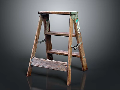 Vintage Wooden Step Ladder With Aged Brown Finish And Green Accents 3d model