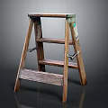 Vintage Wooden Step Ladder With Aged Brown Finish And Green Accents