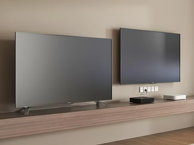 Modern Wall Mounted Flat Screen TVs With Wooden Shelf And Home Electrical Appliances 3d model