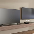 Modern Wall Mounted Flat Screen TVs With Wooden Shelf And Home Electrical Appliances