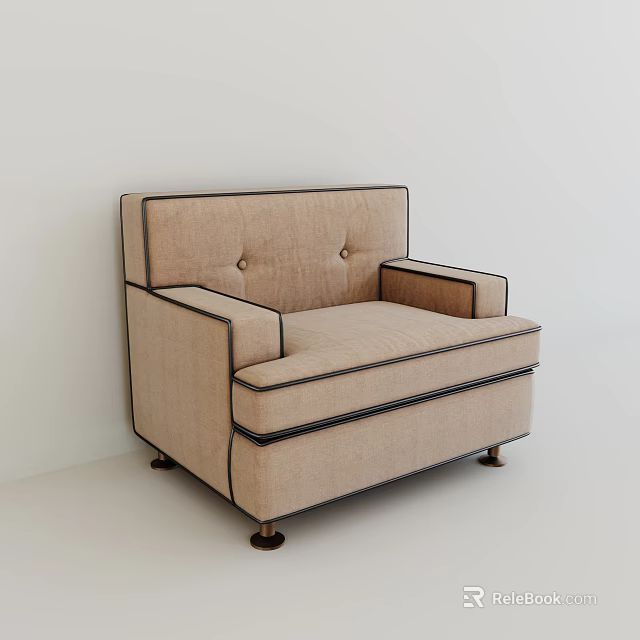 Beige Single Seater Sofa With Black Piping Square Armrests And Button Details 3d model