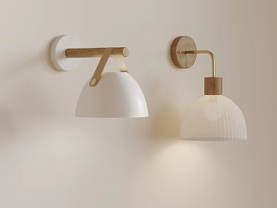 Minimalist Modern Wall Lamps With Wooden Brackets White And Beige Striped Shades For Interior 3d model