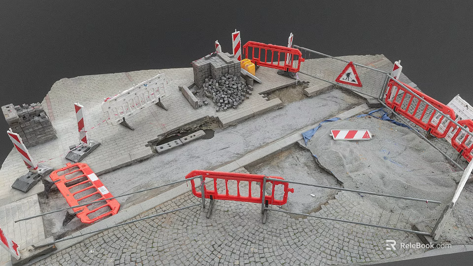 Construction Site Pavement With Red Barriers Warning Signs Gravel And Excavation Area 3d model 