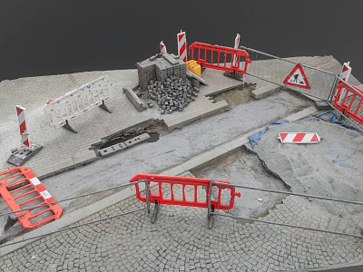 Construction Site Pavement With Red Barriers Warning Signs Gravel And Excavation Area 3d model