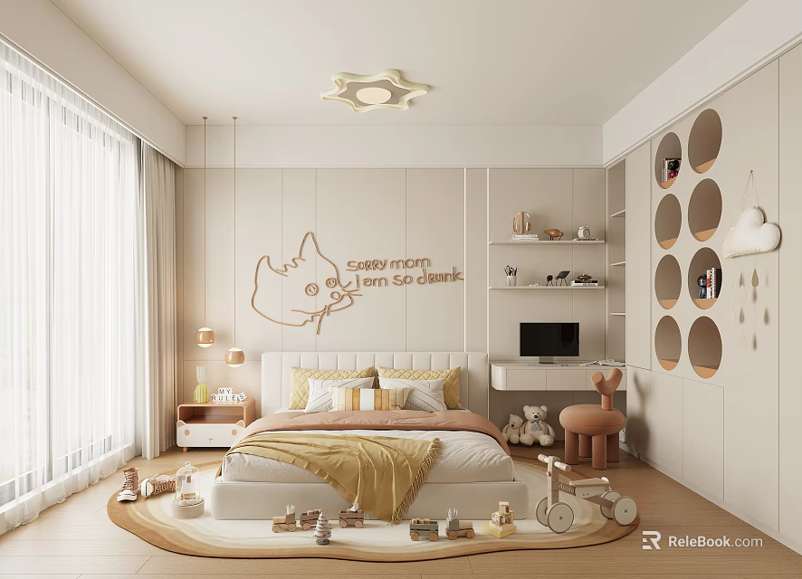 Cozy Modern Kids Bedroom Design With Toys And Star Ceiling Light 3d model 
