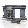 Vintage Chemist Shop Facade Scene Component With Blue Walls Windows Steps And Decorative Columns