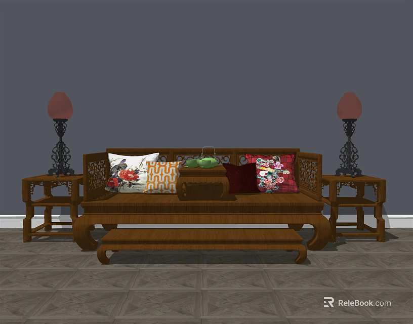 Chinese Style Wooden Arhat Bed With Colorful Cushions And Side Tables With Lamps 3d model 