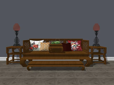 Chinese Style Wooden Arhat Bed With Colorful Cushions And Side Tables With Lamps 3d model