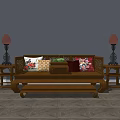 Chinese Style Wooden Arhat Bed With Colorful Cushions And Side Tables With Lamps