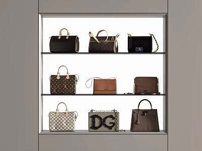 Stylish Handbags Collection Displayed on Glass Shelves with Various Colors Styles and DG Logo 3d model
