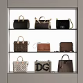 Stylish Handbags Collection Displayed on Glass Shelves with Various Colors Styles and DG Logo