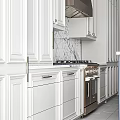 Elegant Modern Kitchen With Navy Blue Cabinets And Marble Countertops