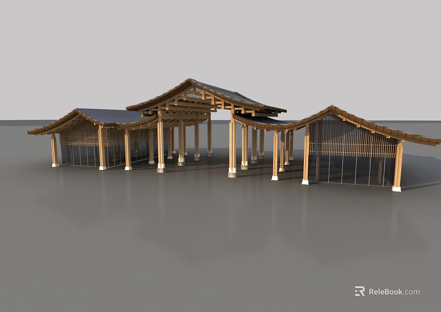 Traditional Ancient Architecture Design With Wooden Columns And Multiple Classic Roofs 3d model 