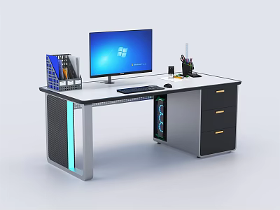 Modern Office Desk with Computer Monitor Keyboard Mouse Pen Holder File Organizer and Drawers 3d model