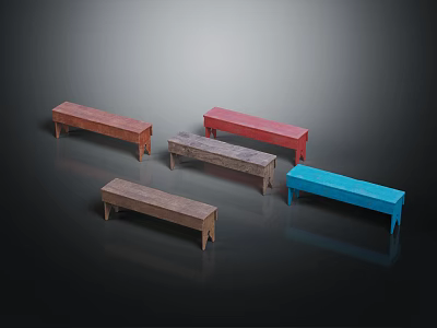 Five Various Colored Wooden Public Long Benches on Black Background 3d model