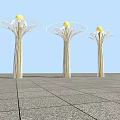 Three Modern Outdoor Lights with Golden Poles Net like Petal Structures and Yellow Bulbs