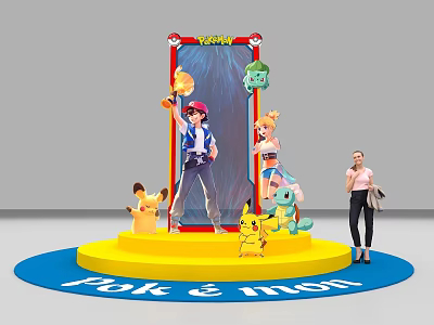 Vibrant Pokémon Photo Spot With Trainer Character Pikachu Bulbasaur Squirtle And Yellow Platform 3d model