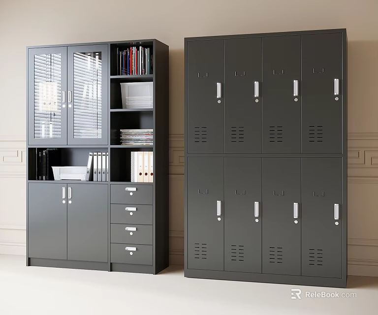 Black Storage Cabinets With Glass Doors Drawers Open Shelves And Lockable Locker Units 3d model 