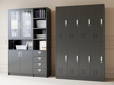 Black Storage Cabinets With Glass Doors Drawers Open Shelves And Lockable Locker Units 3d model