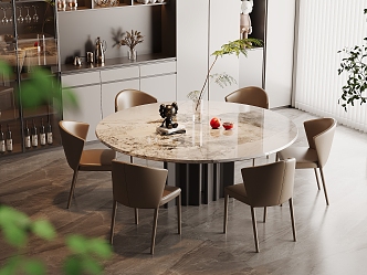 Marble Dining Table and Chair Combination Light Luxury Dining Room Round Dining Table Rock Board Dining Table Leather Dining Chair Six-person Cabinet Wine Cabinet Kitchen Supplies Vase 3d model