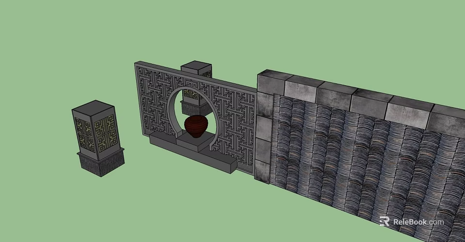 Chinese Style Garden Feature Wall With Carved Patterns Circular Opening And Stone Structure 3d model