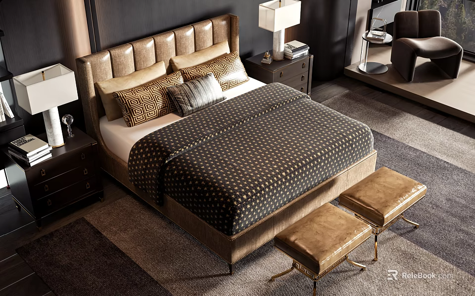 Elegant Double Bed With Upholstered Headboard Decorative Pillows Patterned Bedspread Bedside Tables And Table Lamps 3d model