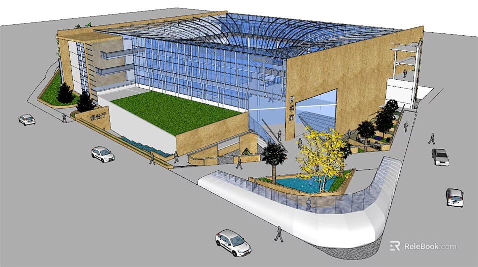 Modern Commercial Complex With Glass Curtain Wall Green Roof And Landscaped Entrance Area 3d model 