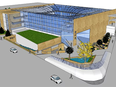 Modern Commercial Complex With Glass Curtain Wall Green Roof And Landscaped Entrance Area 3d model
