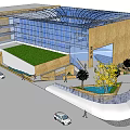 Modern Commercial Complex With Glass Curtain Wall Green Roof And Landscaped Entrance Area