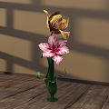 Floral Display with Yellow Tulip and Pink Striped Flower in Green Vase on Wooden Floor