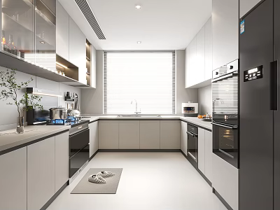 Modern Kitchen Interior With White And Gray Cabinets Window Blinds And Appliances 3d model