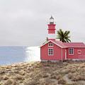 Pink Detached Villa by the Seaside with Two Palm Trees and Red Lighthouse Near Ocean