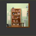 Cartoon Style Study Room With Green Walls Bookcase Desk Laptop Orange Chair And Scattered Papers