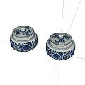 Blue and White Floral Patterned Lidded Ceramic Vessels for Home Decoration 3d model