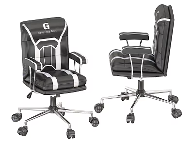 Black And White Gaming Office Chair With G Logo Adjustable Backrest Armrests Metal Base Wheels 3d model