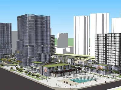 Modern Urban Commercial Complex With Open Plaza Fountain Greenery And High Rise Buildings 3d model