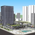 Modern Urban Commercial Complex With Open Plaza Fountain Greenery And High Rise Buildings