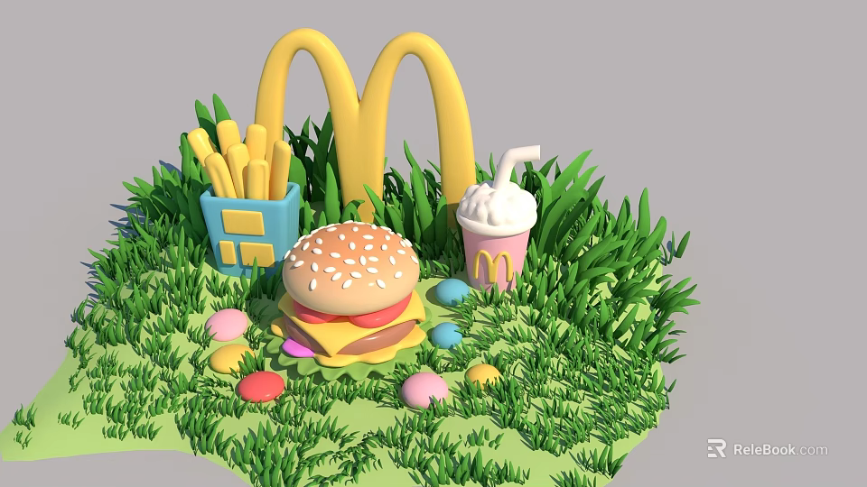 McDonalds Themed Fast Food Display With Burger Fries Milkshake And Colorful Eggs On Green Grass 3d model 