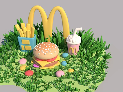 McDonalds Themed Fast Food Display With Burger Fries Milkshake And Colorful Eggs On Green Grass 3d model