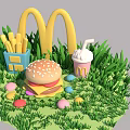 McDonalds Themed Fast Food Display With Burger Fries Milkshake And Colorful Eggs On Green Grass