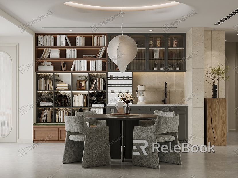 Modern Middle Ancient Restaurant Restaurant Sideboard Chandelier Dining Table and Chair Bookcase Coffee Machine Decorative Ornaments Vase model