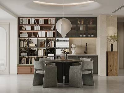 Modern Middle Ancient Restaurant Sideboard Chandelier Dining Table and Chair Bookcase Coffee Machine Decorative Ornaments Vase 3d model