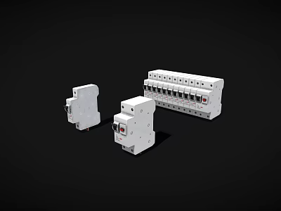 White Electrical Circuit Breakers And Safety Components On Black Surface 3d model