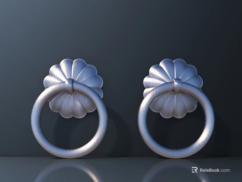 Pair of Silver Floral Shaped Door Pull Handles with Circular Rings 3d model 