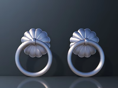 Pair of Silver Floral Shaped Door Pull Handles with Circular Rings 3d model