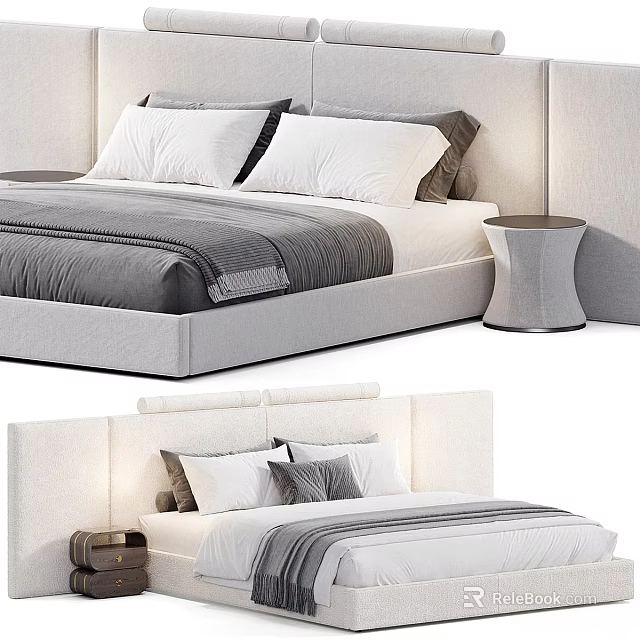 Modern Double Bed With Upholstered Headboard White Grey Pillows And Nightstand 3d model 