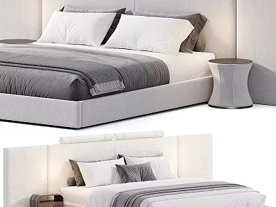 Modern Double Bed With Upholstered Headboard White Grey Pillows And Nightstand 3d model