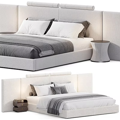 Modern Double Bed With Upholstered Headboard White Grey Pillows And Nightstand 3d model