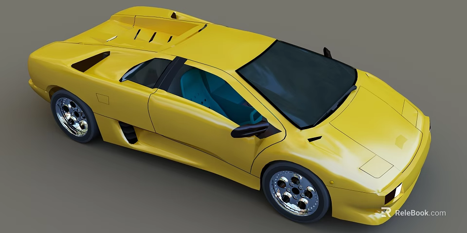 Yellow Sports Car With Sleek Body Black Windows Blue Seats And Alloy Wheels 3d model 