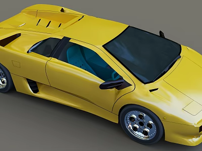 Yellow Sports Car With Sleek Body Black Windows Blue Seats And Alloy Wheels 3d model